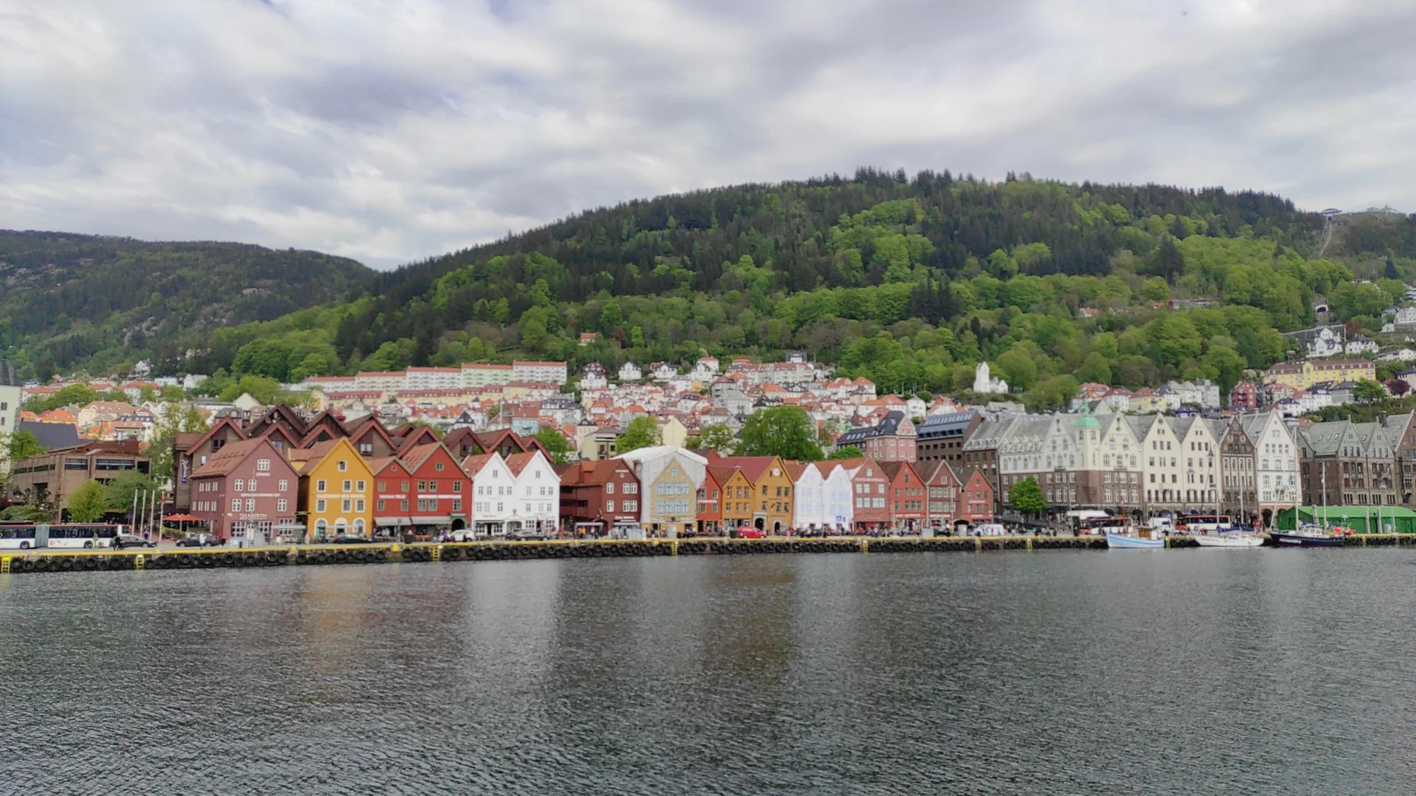 Bryggen seen from the harbour on a summer day