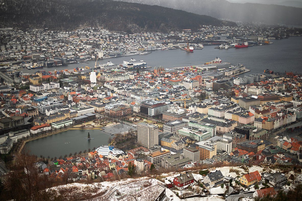 View over Bergen and the harbour from the mountain
